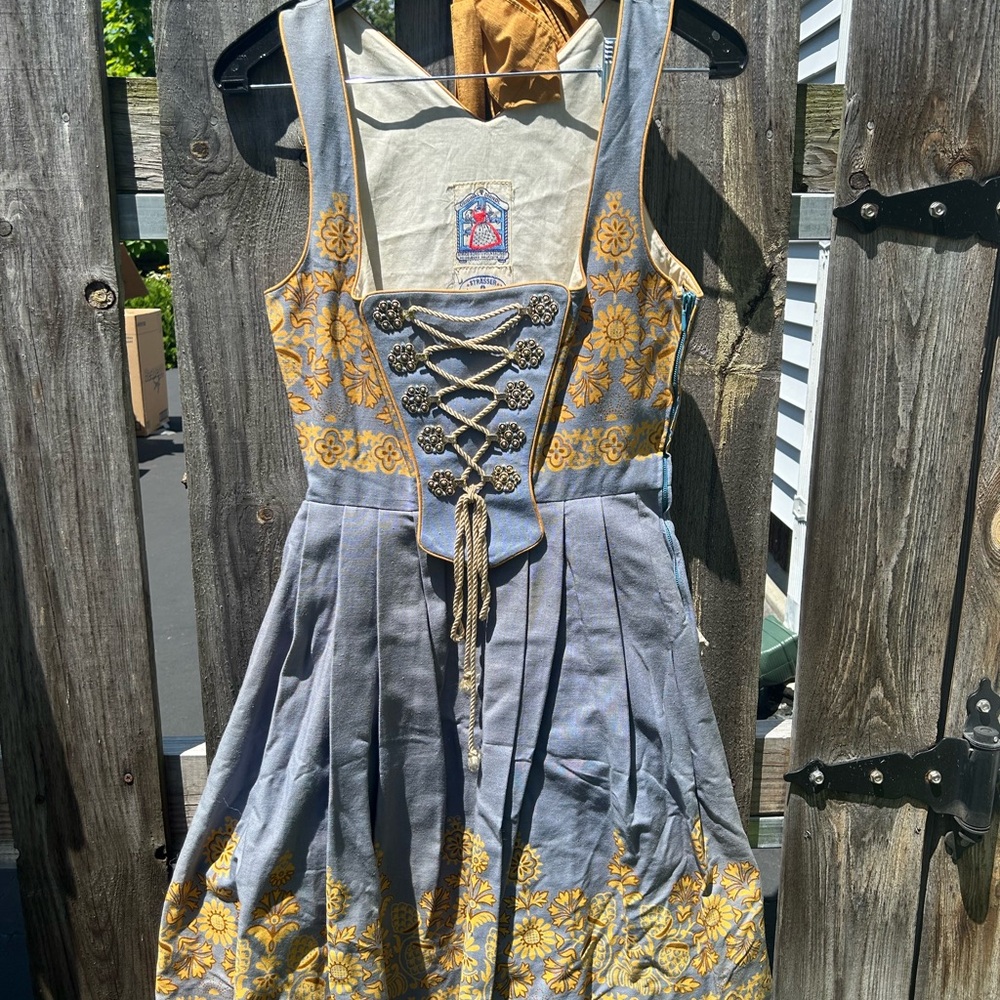 Gray and Yellow Floral Dirndl Dress with Lace-Up Detail